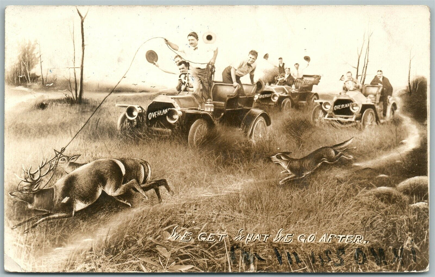 ROPING DEERS FROM CARS PHOTOMONTAGE ANTIQUE 1910 REAL PHOTO POSTCARD RPPC