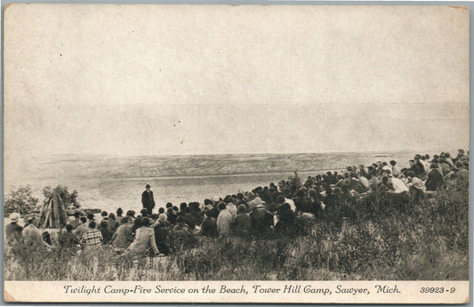 SAWYER MI TWILIGHT CAMP FIRE SERVICE TOWER HILL CAMP ANTIQUE POSTCARD