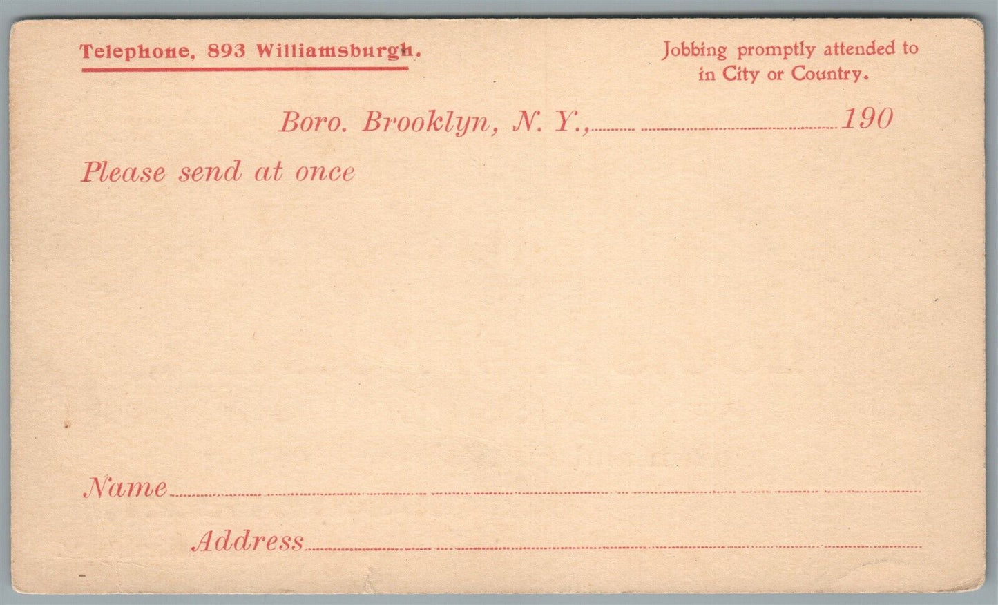 BROOKLYN NY SANITARY PLUMBER ADVERTISING ANTIQUE POSTCARD