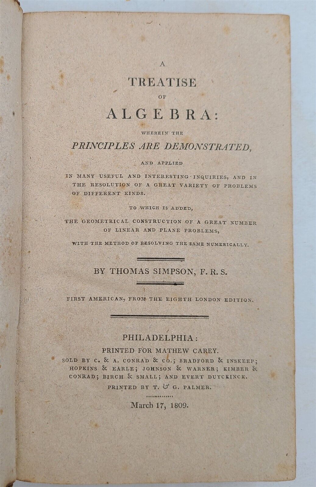 1809 TREATISE of ALGEBRA antique by THOMAS SIMPSON AMERICANA