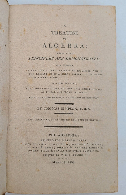 1809 TREATISE of ALGEBRA antique by THOMAS SIMPSON AMERICANA