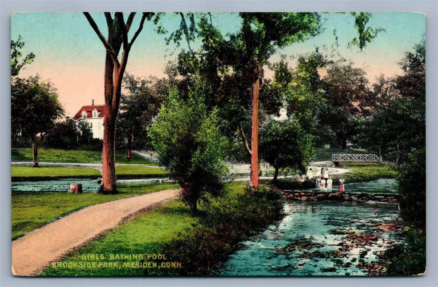 MERIDEN CT BROOKSIDE PARK GIRLS BATHING POOL 1911 ANTIQUE POSTCARD