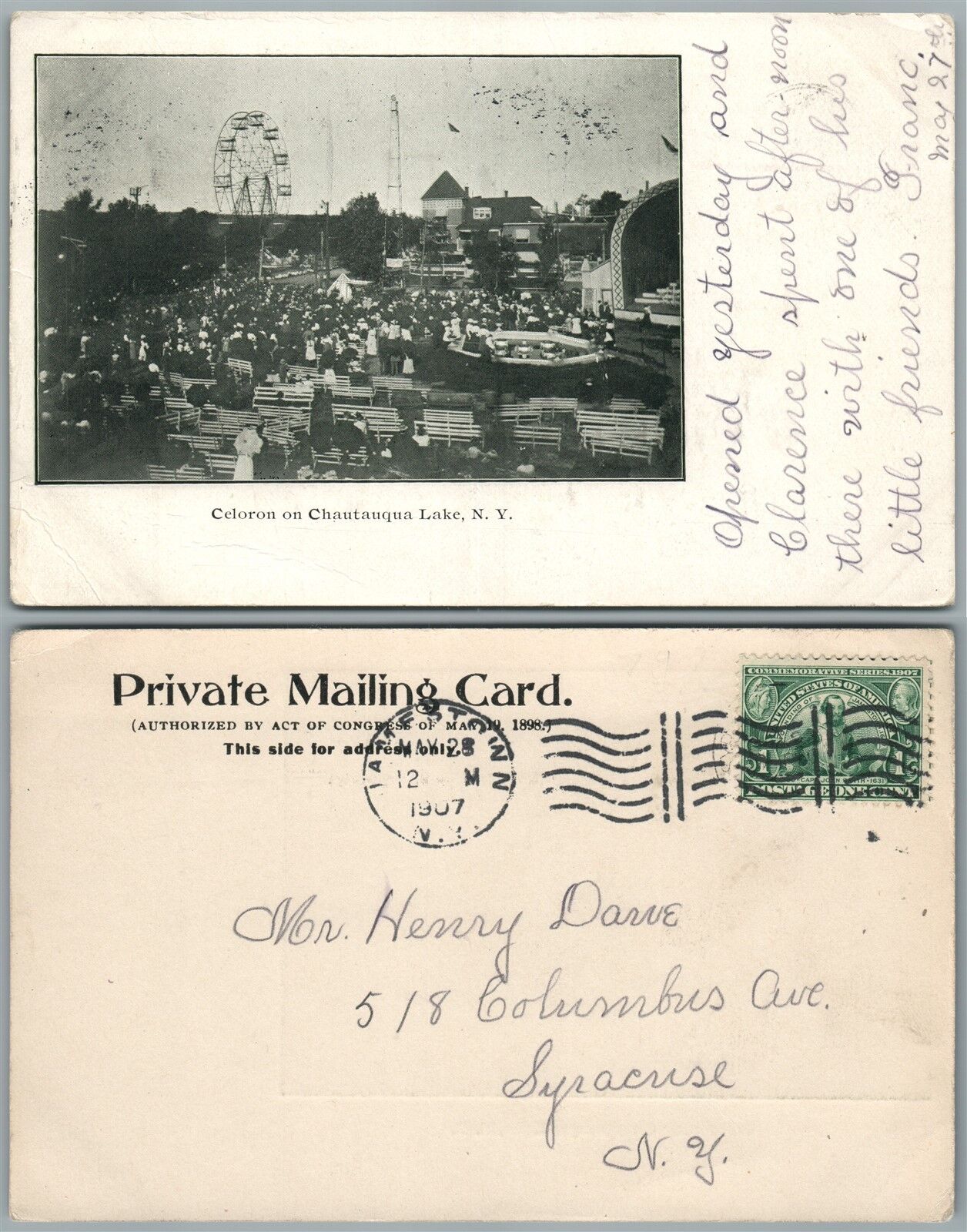 CHAUTAUQUA LAKE N.Y. CELORON 1907 UNDIVIDED ANTIQUE POSTCARD