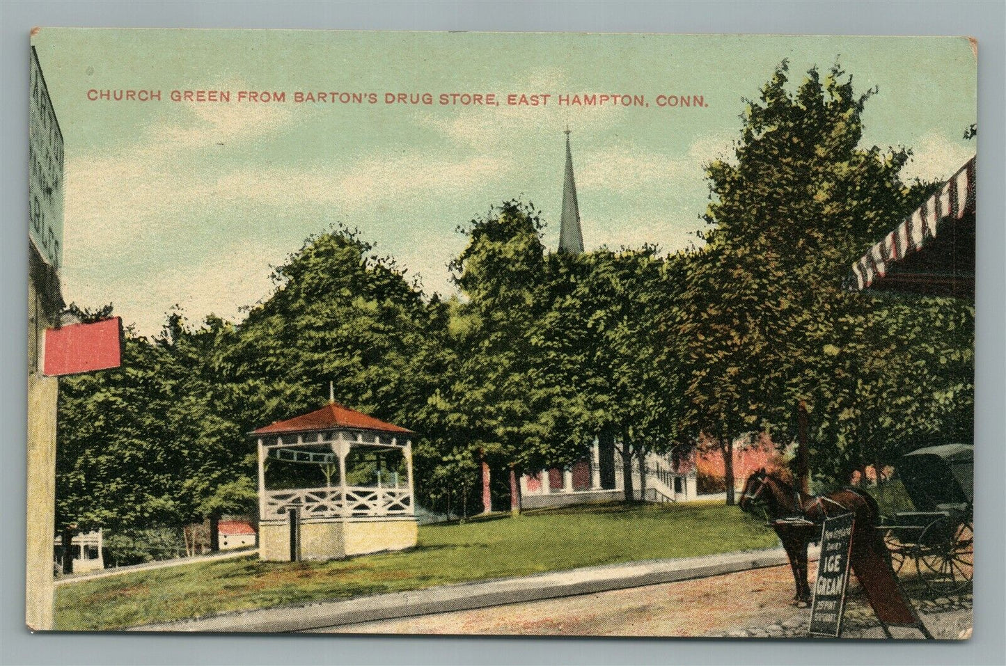 EAST HAMPTON CT CHURCH GREEN FROM BARTON'S DRUG STORE ANTIQUE POSTCARD