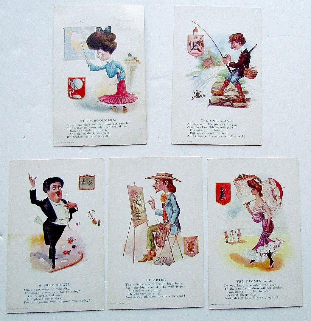 LOT OF 6  ANTIQUE UNDIVIDED COMIC POSTCARDS SINGER ARTIST SPORTSMAN SCHOOLMARM