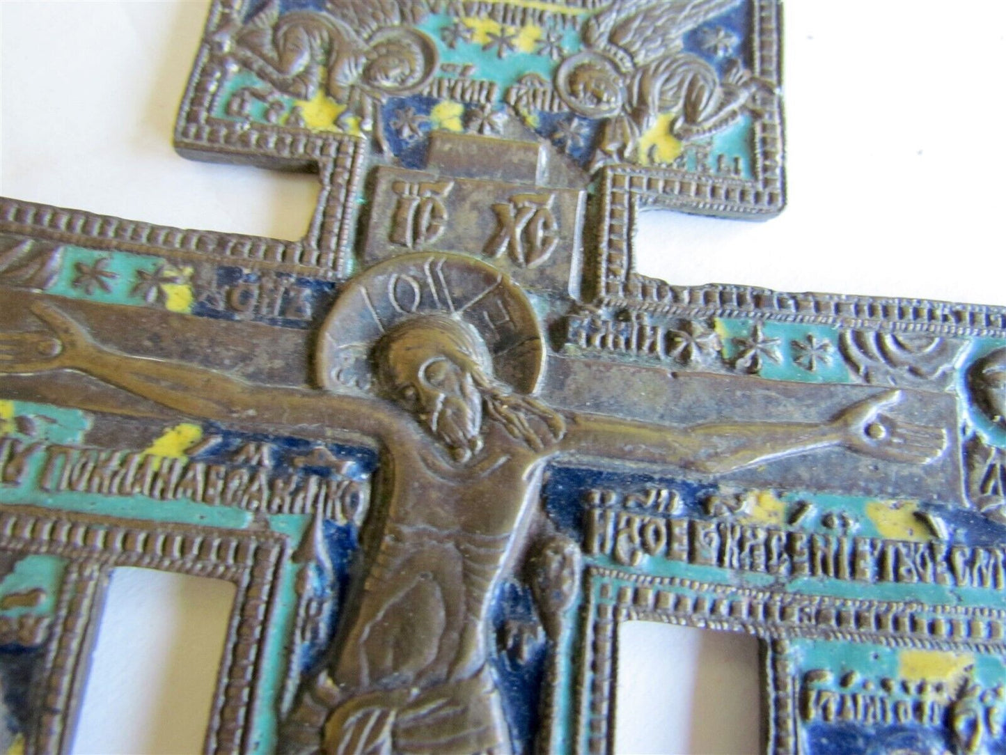 RUSSIAN icon WALL CROSS BRONZE MULTI ENAMEL ANTIQUE 1870s