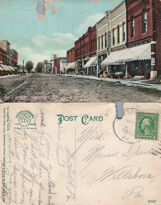 WESTFIELD PA MAIN STREET 1916 ANTIQUE POSTCARD
