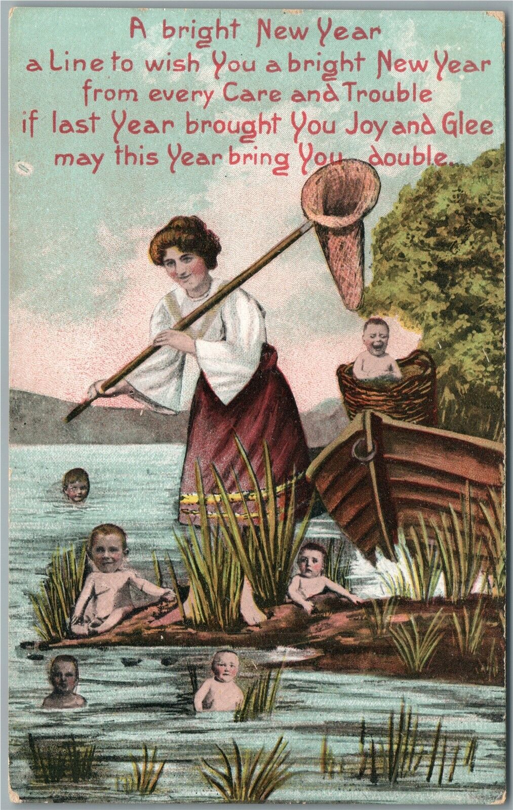 MULTI BABIES NEW YEAR ANTIQUE POSTCARD