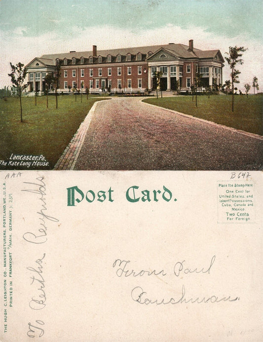 LANCASTER PA KATE LONG HOUSE UNDIVIDED ANTIQUE POSTCARD