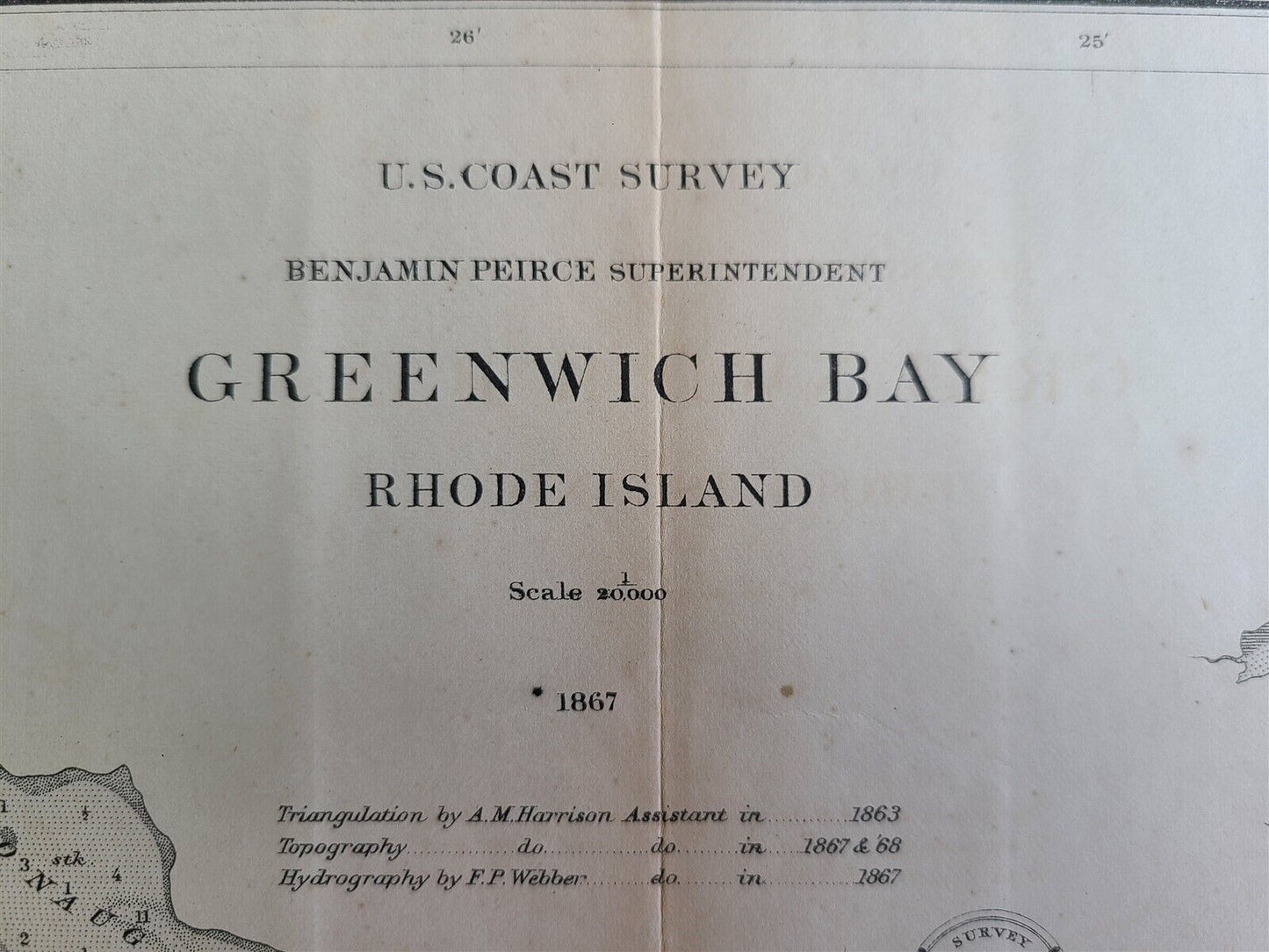 1867 CHART OF GREENWICH BAY RHODE ISLAND antique