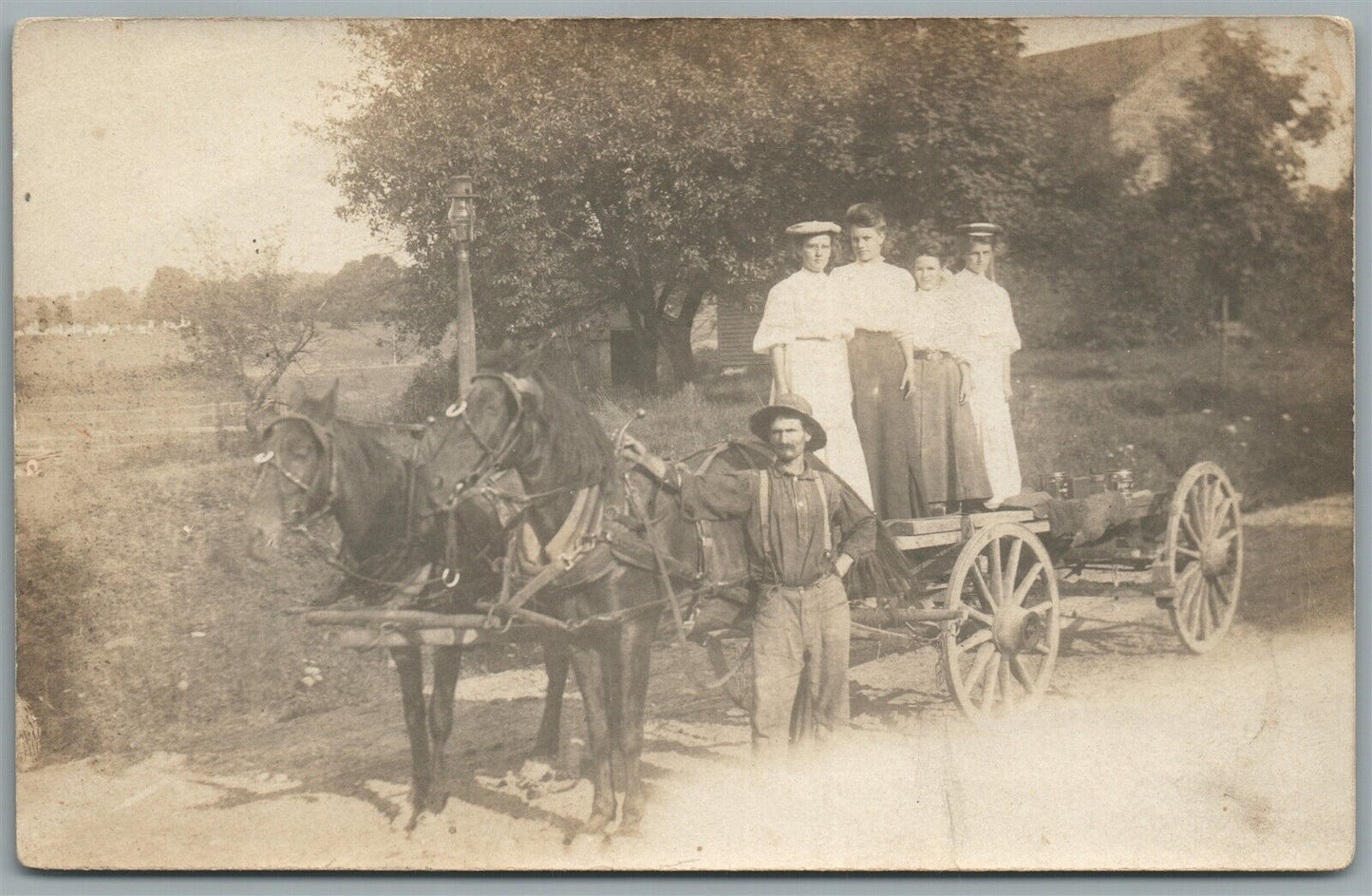 GIRLS POSING ON HORSE DRAWN WAGON ANTIQUE REAL PHOTO POSTCARD RPPC