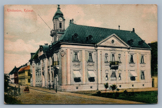 SWEDEN RIKSBANKEN KALMAR 1911 ANTIQUE POSTCARD w/ STAMP