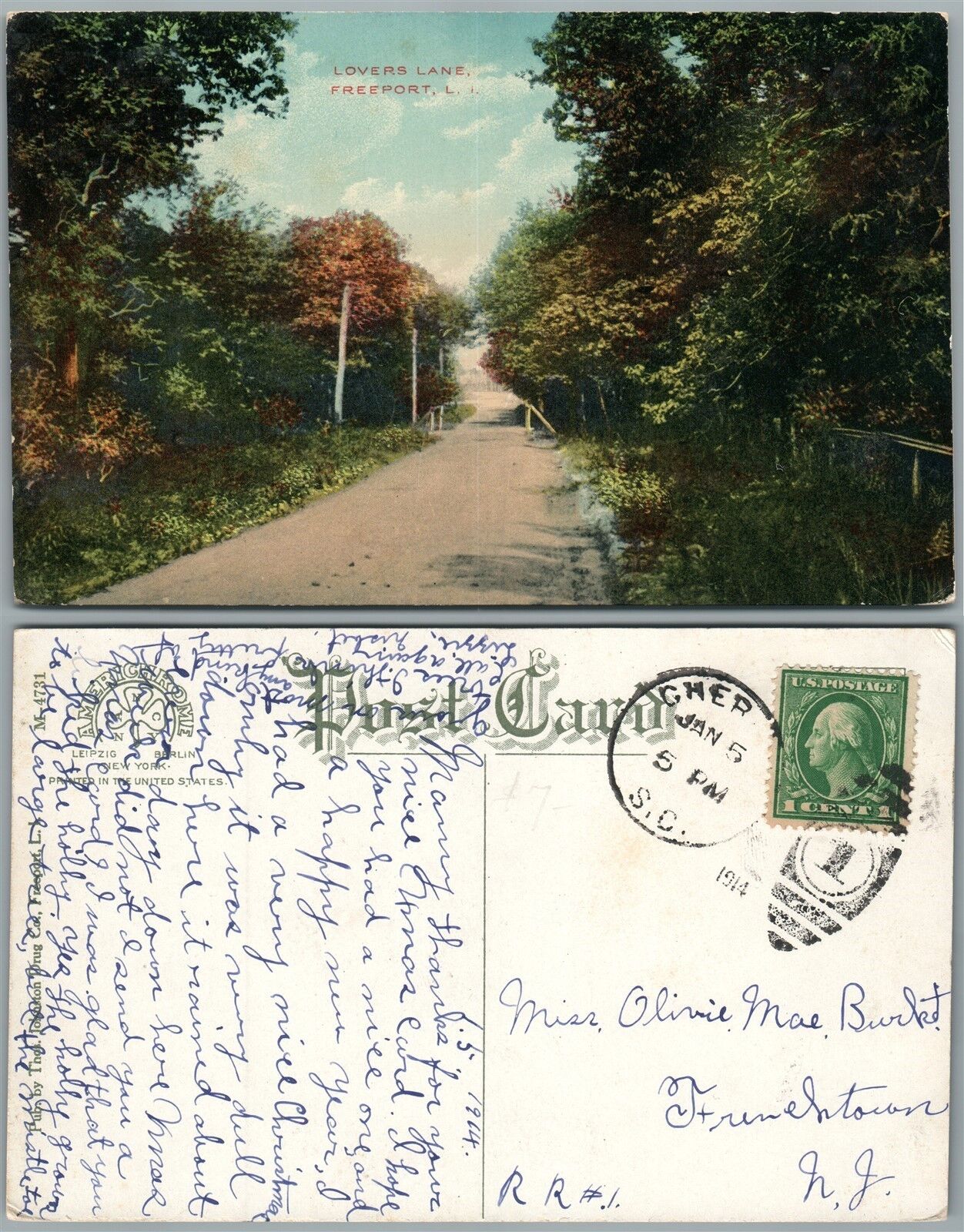 LONG ISLAND N.Y. FREEPORT LOVERS LANE 1914 ANTIQUE POSTCARD w/ CORK CANCEL