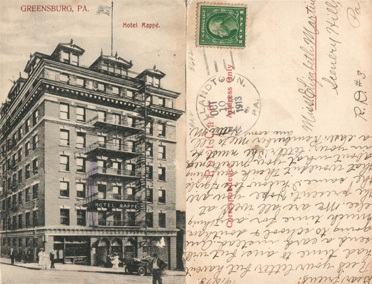 GREENSBURG PA HOTEL RAPPE 1913 ANTIQUE POSTCARD