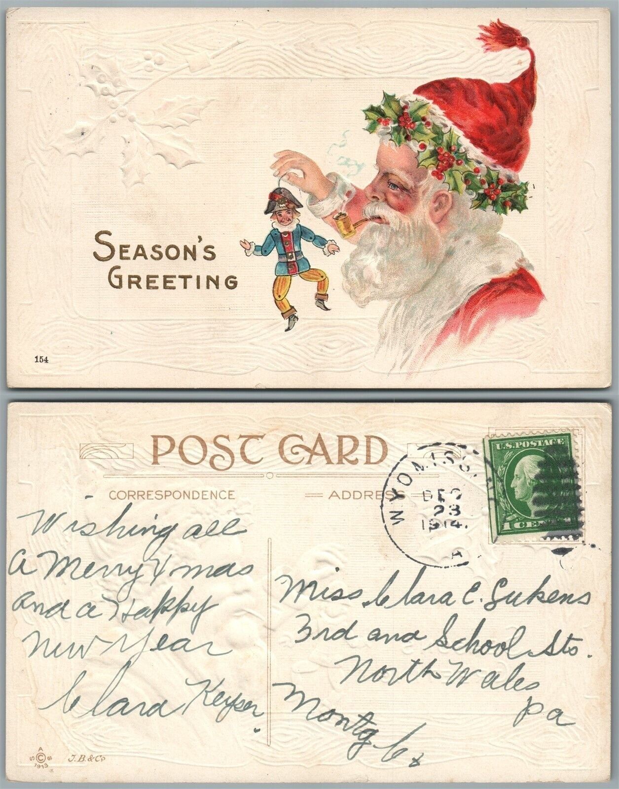 MERRY CHRISTMAS 1914 ANTIQUE POSTCARD - SANTA w/ MARIONETTE DOLL CORK CANCEL