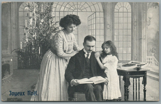 HAPPY FAMILY w/ CHRISTMAS TREE NEW YEAR ANTIQUE POSTCARD