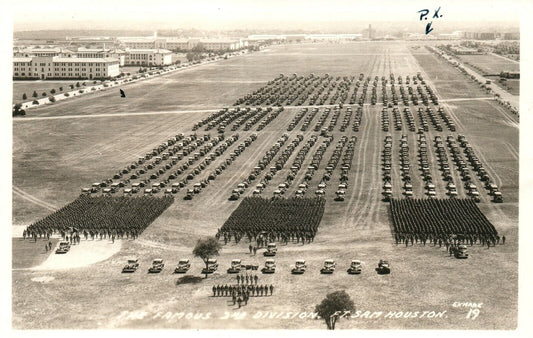 FORT SAM HOUSTON SAN ANTONIO TX PARADE w/ CARS VINTAGE REAL PHOTO POSTCARD RPPC