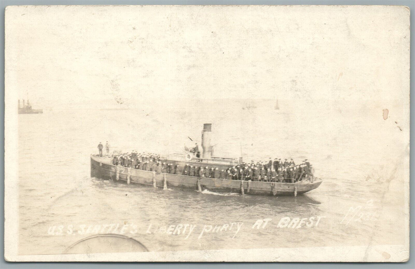 USS SEATTLE SHIP LIBERTY PARTY AT BREST ANTIQUE REAL PHOTO POSTCARD RPPC