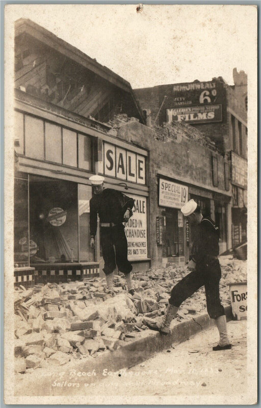 LONG BEACH CA EARTHQUAKE SAILORS on DUTY ANTIQUE REAL PHOTO POSTCARD RPPC