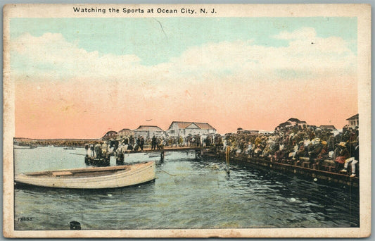 OCEAN CITY NJ WATCHING THE SPORTS ANTIQUE POSTCARD