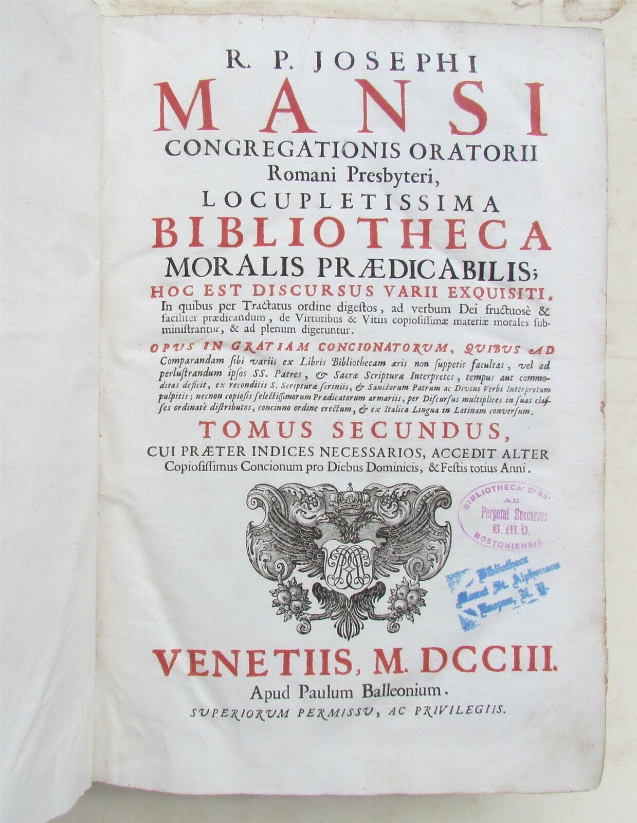 1703 VELLUM BINDING MASSIVE FOLIO Bibliotheca moralis by Josephi Mansi antique