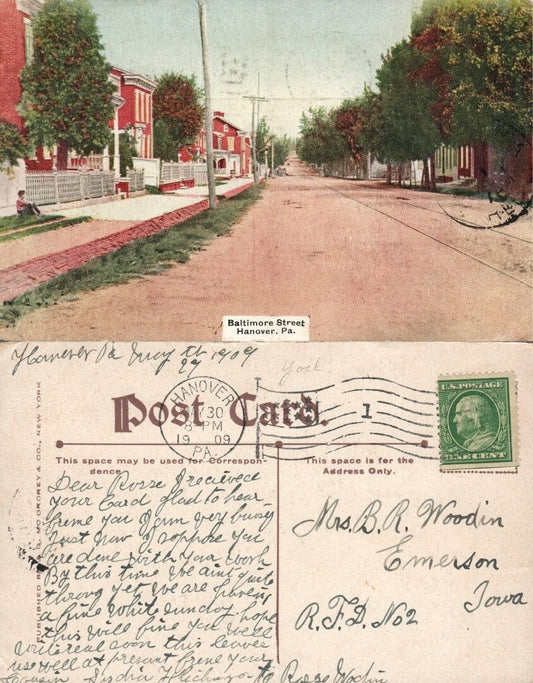 BALTIMORE STREET HANOVER PA 1909 ANTIQUE POSTCARD