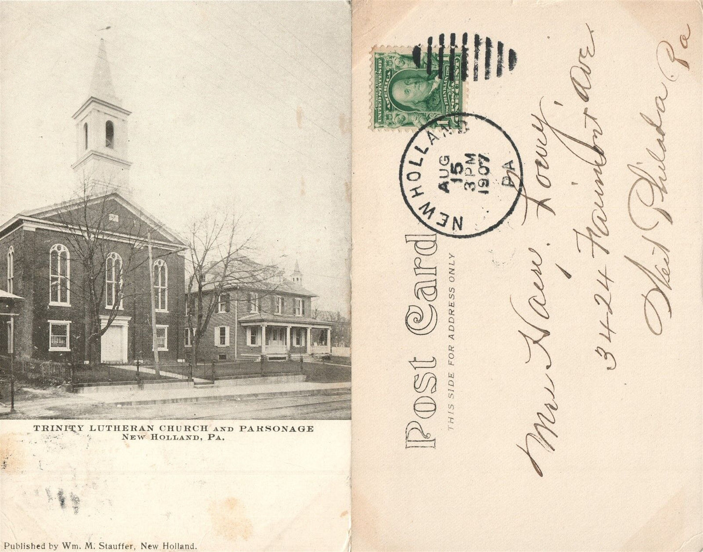 NEW HOLLAND TRINITY LUTHERAN CHURCH 1907 UNDIVIDED ANTIQUE POSTCARD CORK STAMP