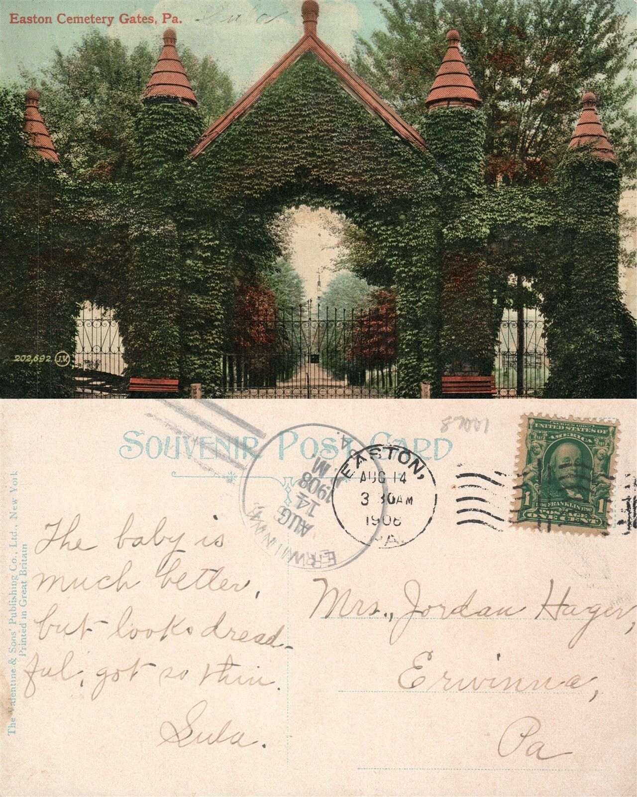 EASTON PA CEMETERY GATES 1908 ANTIQUE POSTCARD