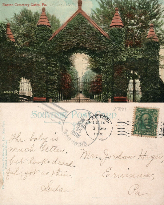 EASTON PA CEMETERY GATES 1908 ANTIQUE POSTCARD