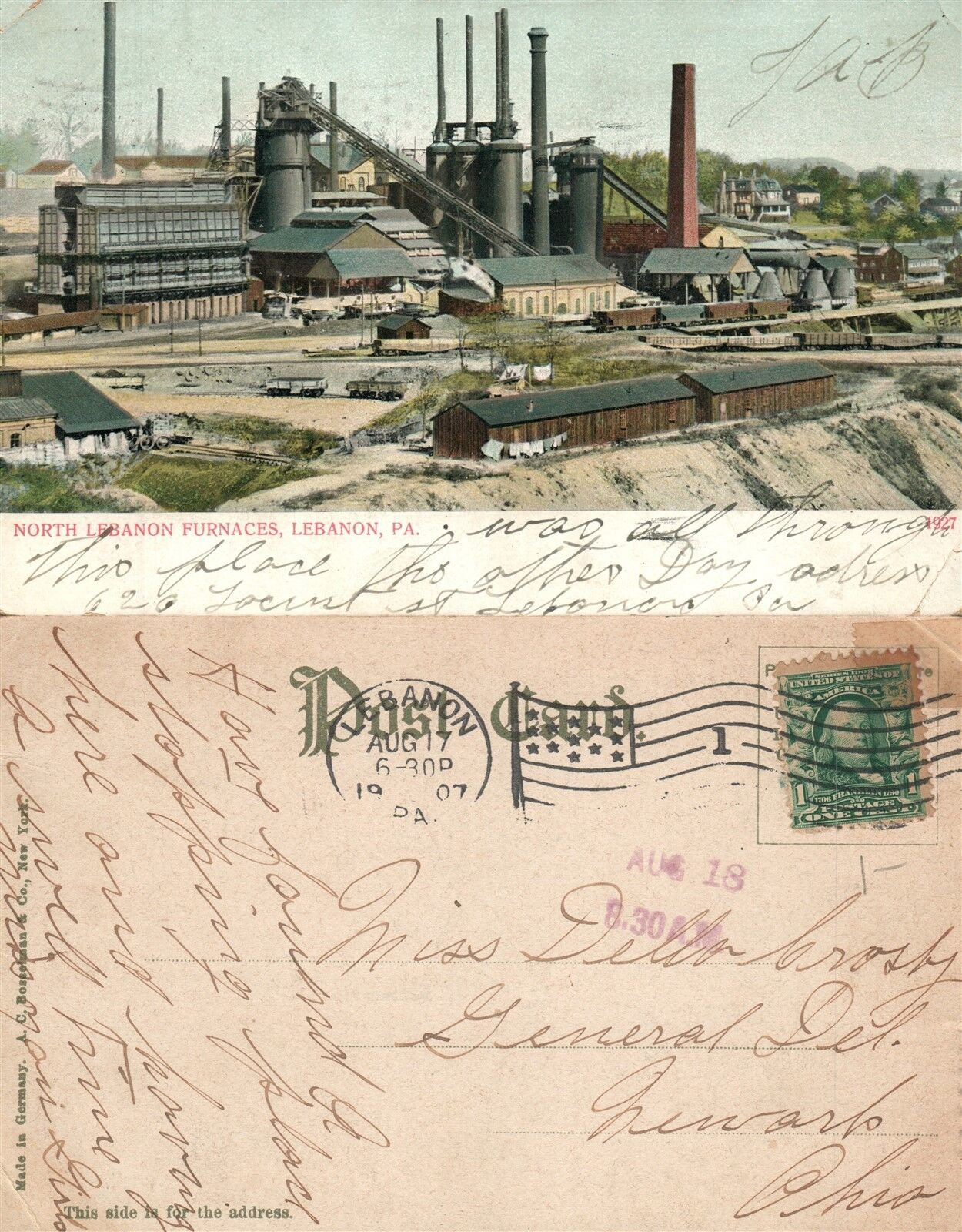 LEBANON PA NORTH LEBANON FURNACES 1907 UNDIVIDED ANTIQUE POSTCARD