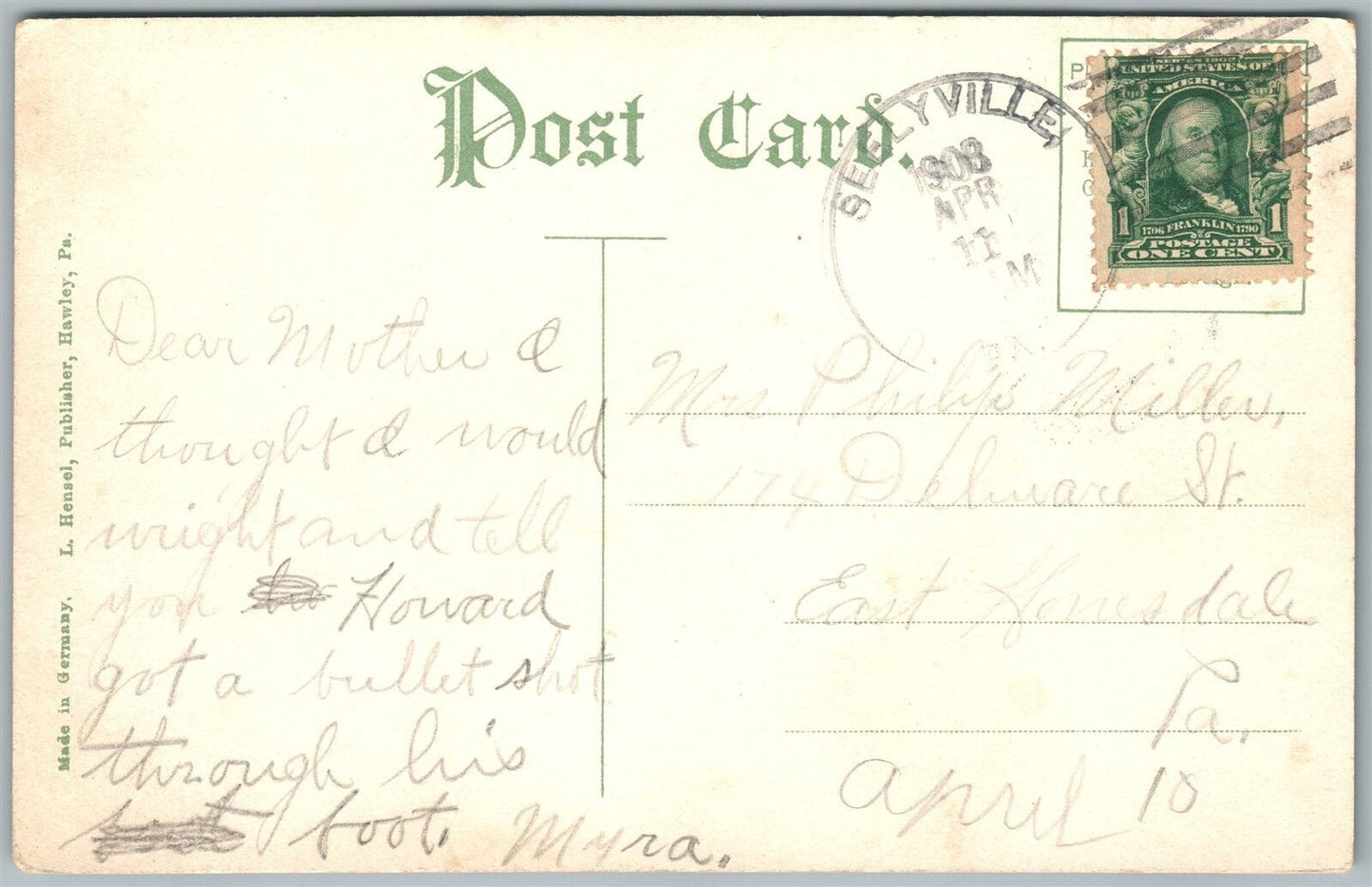 SEELYVILLE PA LACKAWAXEN RIVER 1908 ANTIQUE POSTCARD