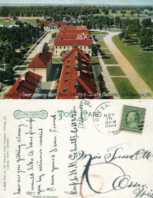 FORT SHERIDAN IL GUARD HOUSE INFANTRY & CAVALRY BARRACKS 1909 ANTIQUE POSTCARD