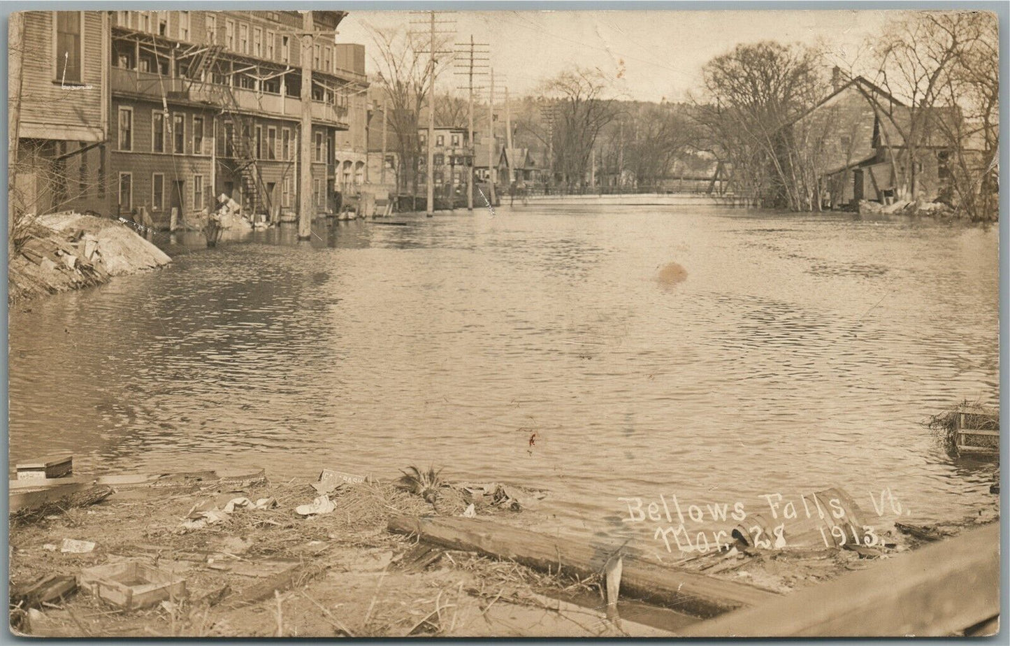 BELLOWS FALLS VT MARCH 28 1913 FLOOD SCENE ANTIQUE REAL PHOTO POSTCARD RPPC