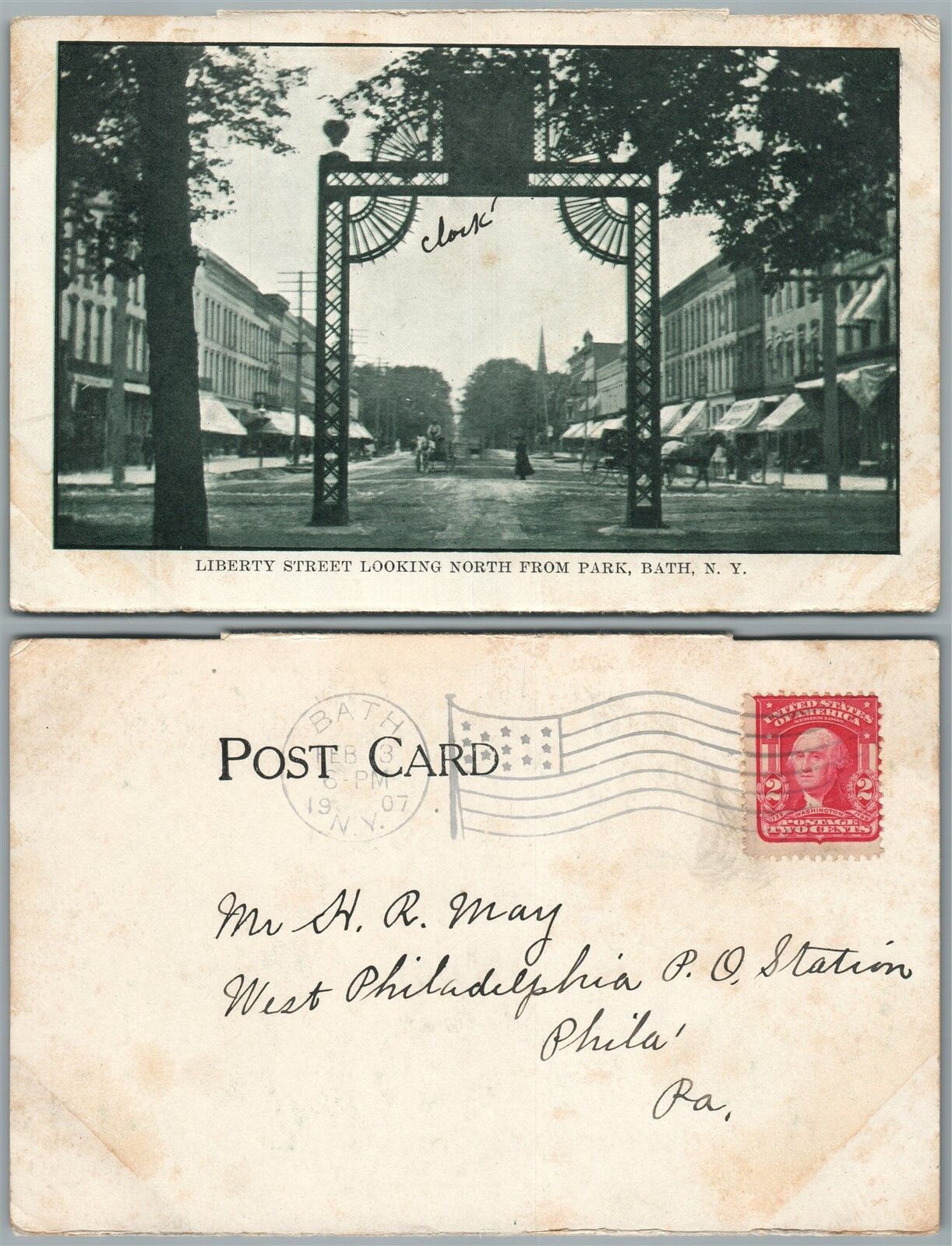 BATH N.Y. LIBERTY STREET 1907 ANTIQUE POSTCARD