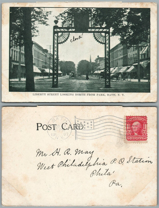 BATH N.Y. LIBERTY STREET 1907 ANTIQUE POSTCARD