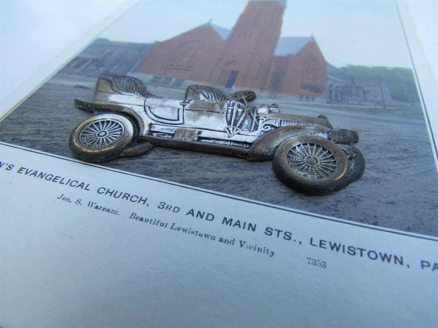 LEWISTOWN PA ST.JOHN CHURCH ANTIQUE POSTCARD w/ APPLIQUE METAL CAR