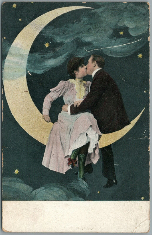 HALF MOON KISS ROMANTIC ANTIQUE POSTCARD