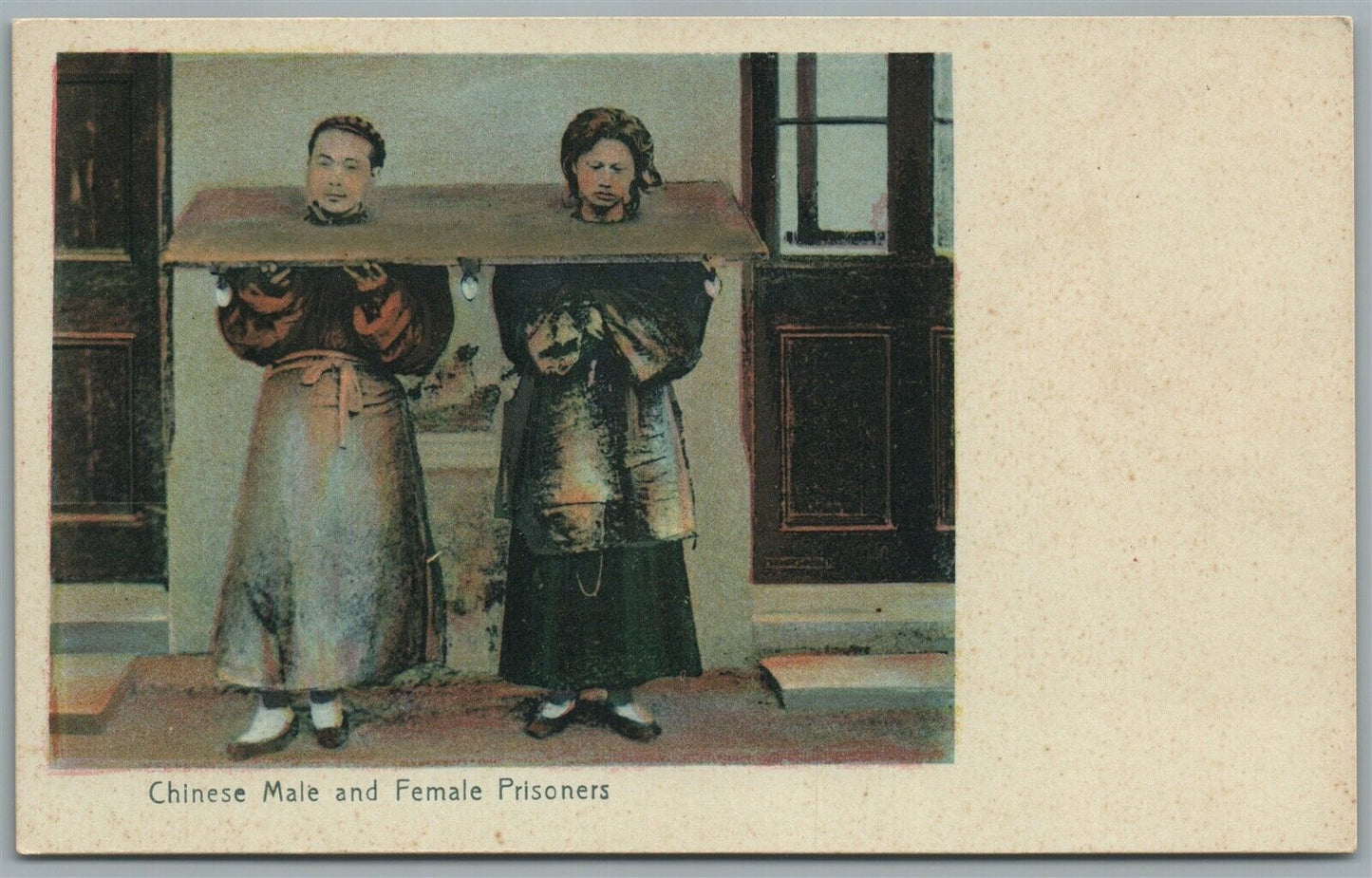 CHINESE MAN & FEMALE PRISONERS ANTIQUE POSTCARD