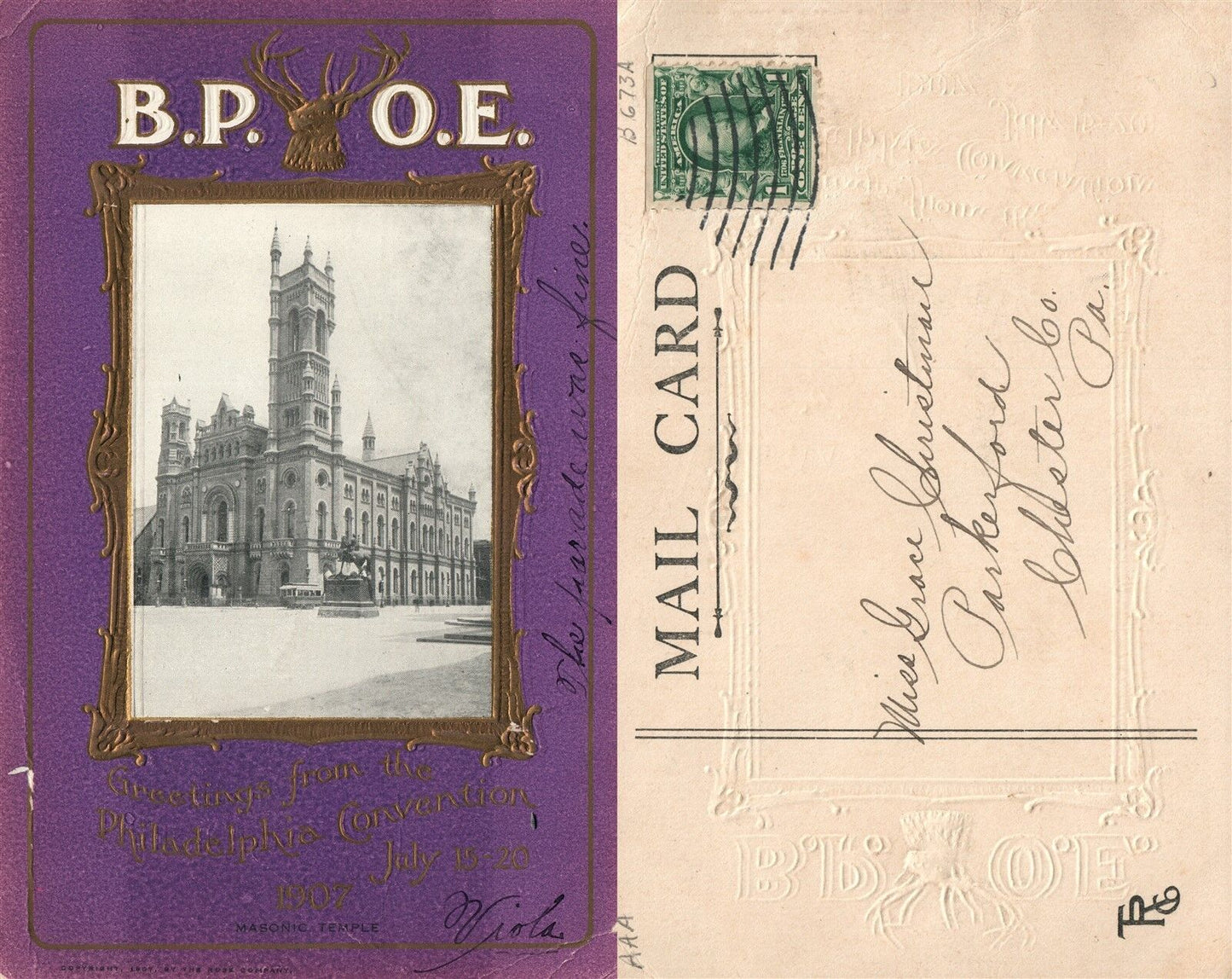 PHILADELPHIA PA ELKS B.P.O.E. CONVENTION 1907 ANTIQUE POSTCARD