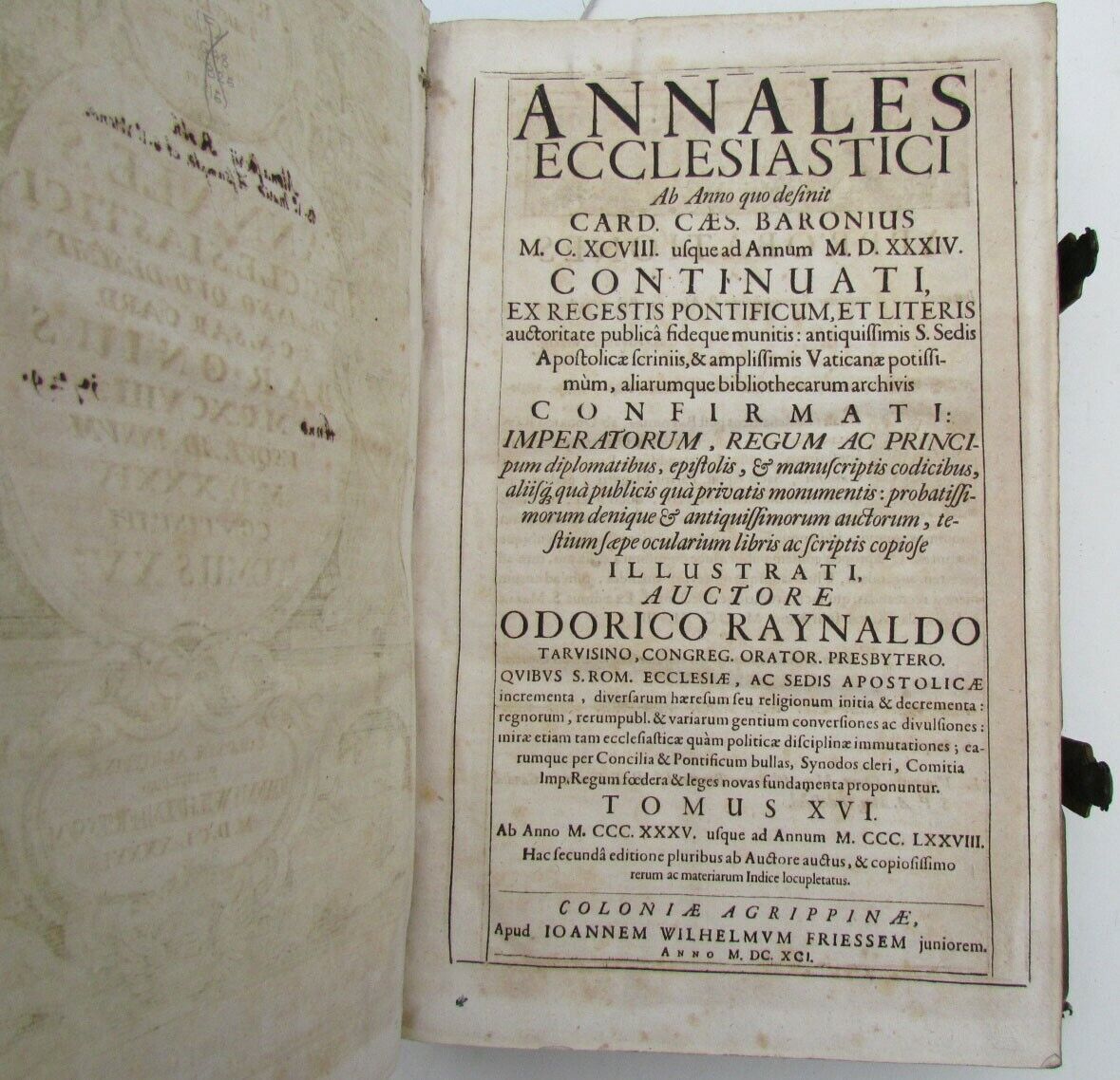 1691 BLIND-STAMPED PIGSKIN OVER WOODEN BOARDS FOLIO ANNALES ECCLESIASTICI Vol.16