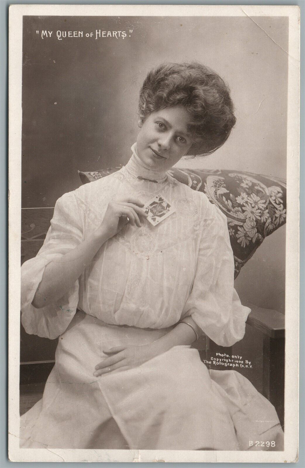 QUEEN of HEARTS LADY w/ PLAYING CARD ANTIQUE REAL PHOTO POSTCARD RPPC