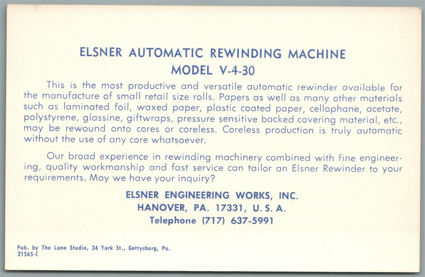 HANOVER PA ELSNER REWINDING MACHINE ADVERTISING VINTAGE POSTCARD