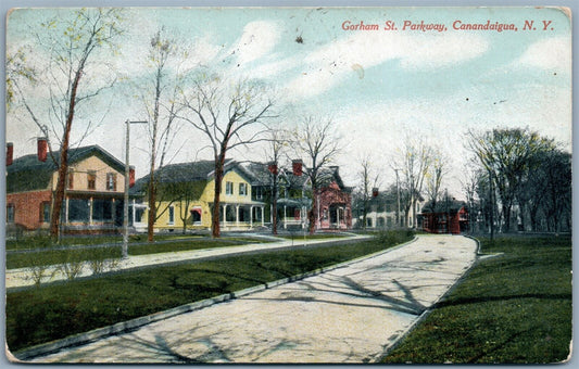 CANANDAIGUA NY GORHAM ST. PARKWAY 1911 ANTIQUE POSTCARD w/ CORK CANCEL