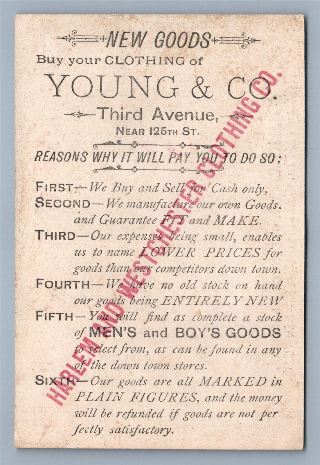 HARLEM & WESTCHESTER CLOTHING CO. VICTORIAN TRADE CARD YOUNG & CO. NEW YORK