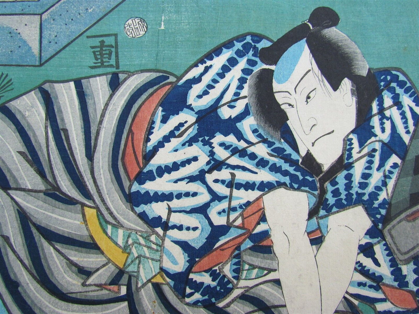 JAPANESE WOODBLOCK DIPTYCH PRINT ANTIQUE KABUKI ACTORS SWORD FIGHT EDO