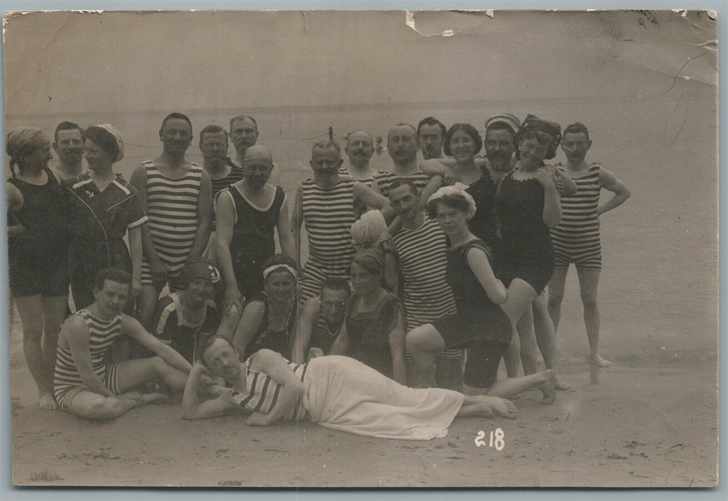 PEOPLE ON THE BEACH ANTIQUE REAL PHOTO POSTCARD RPPC