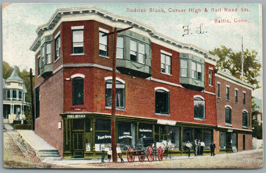 BALTIC CT RODRICK BLOCK CORNER HIGH & RAILROAD STREETS ANTIQUE POSTCARD