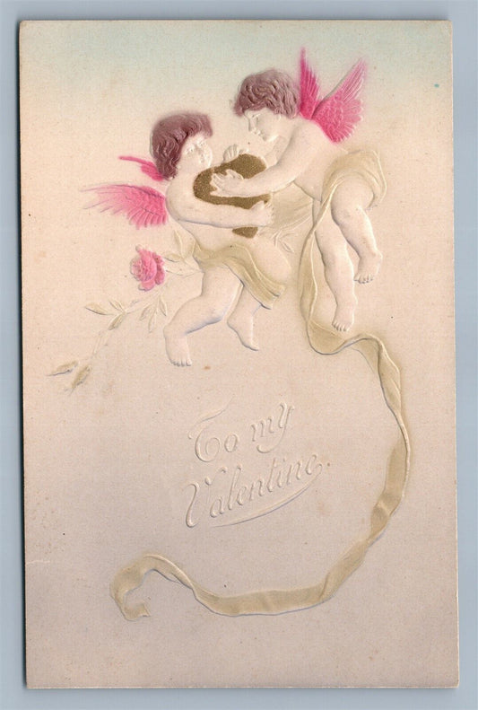 TO MY VALENTINE EMBOSSED ANTIQUE POSTCARD CUPIDS w/ HEART