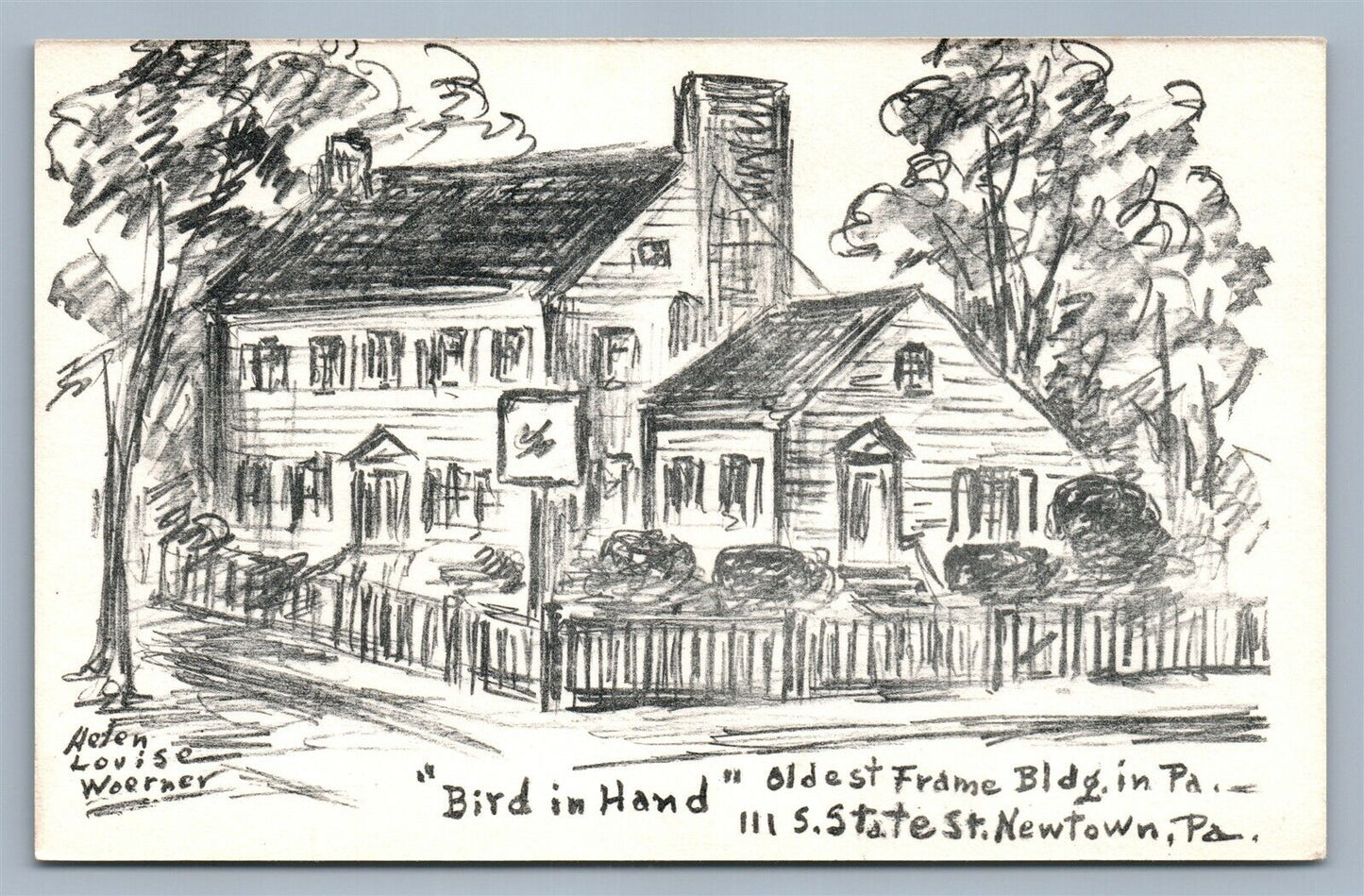 NEWTOWN BUCKS COUNTY PA OLDEST FRAME BUILDING STATE ST. VINTAGE POSTCARD