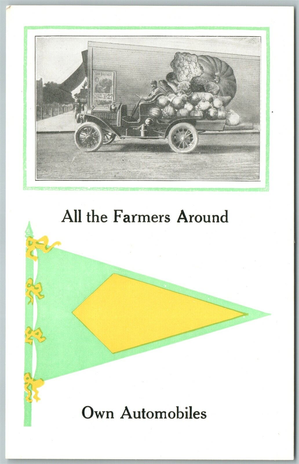 EXAGGERATED ANTIQUE POSTCARD ALL FARMERS AROUND OWN AUTOMOBILES